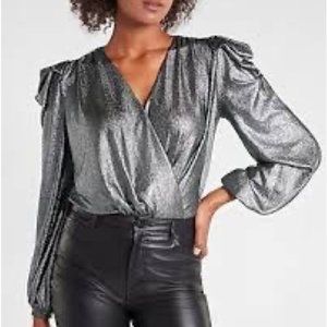 NWT Express Silver Metallic V Neck Draped Long Sleeve Thong Bodysuit XS
